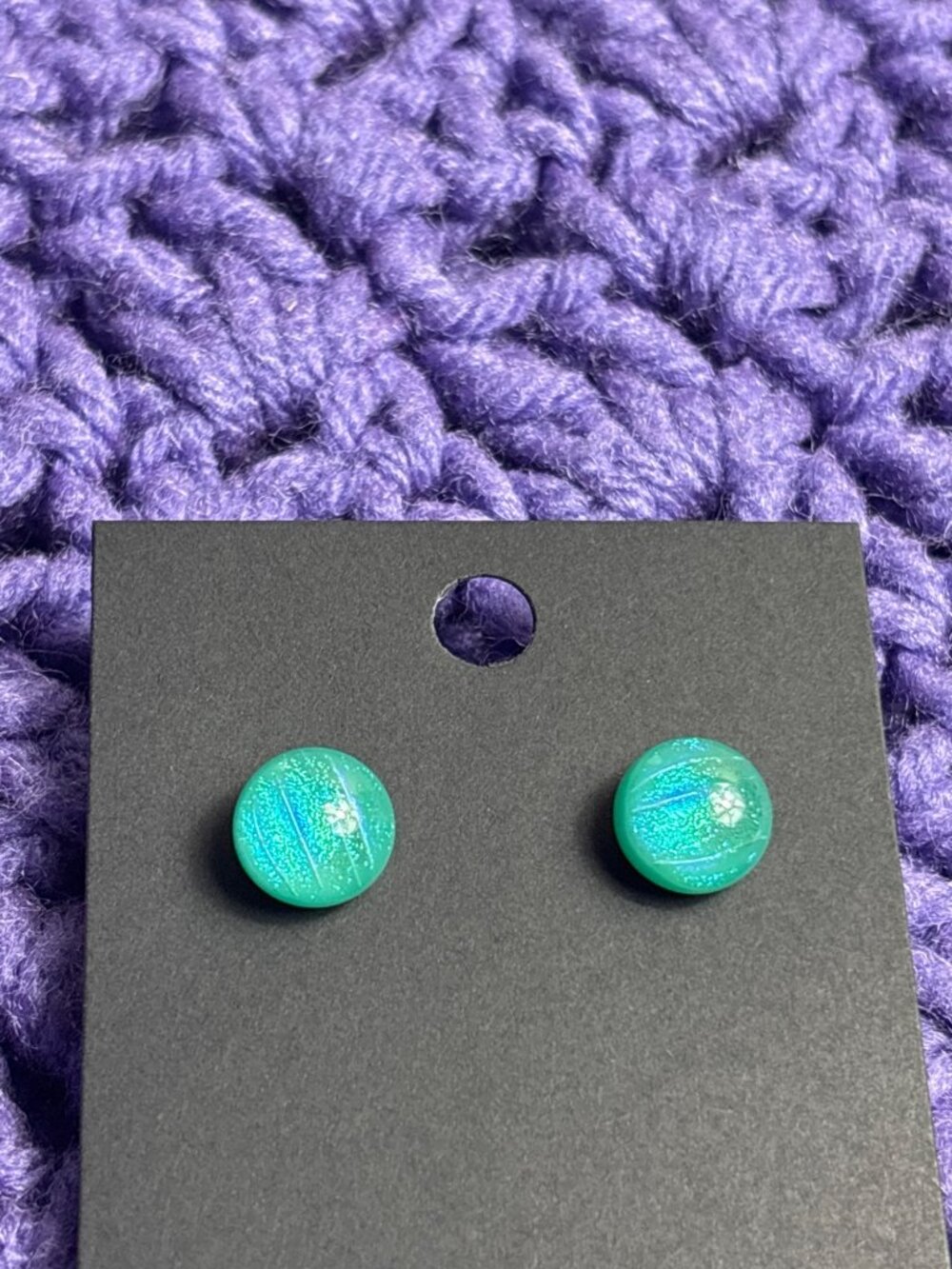Green Blue Round Dichroic Glass Stud Earrings 3/8 inch